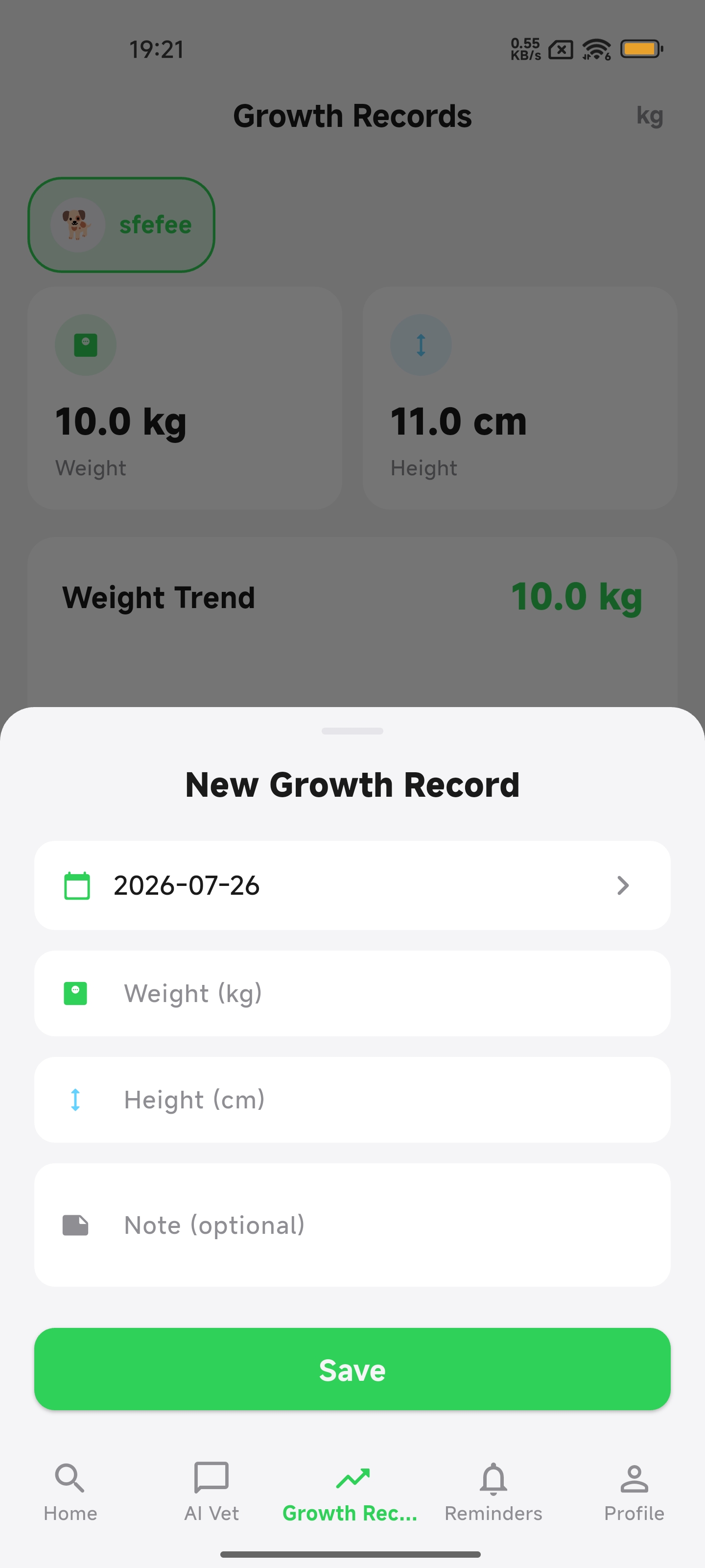 Growth records — weight & height tracking